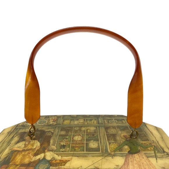 Vintage 1970s Anton Pieck Street Scene Decoupage Wood Box Lucite Purse Handbag - Picture 9 of 13